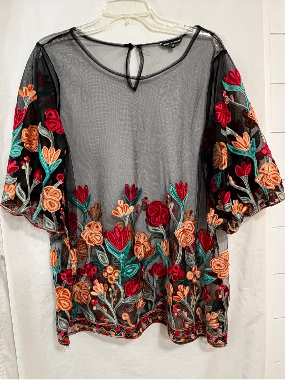Embroidered Floral Mesh Blouse - Black with Red & Teal Accents
